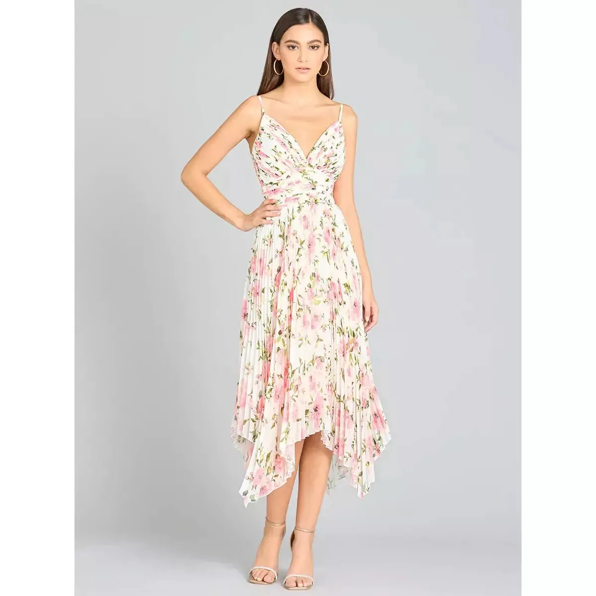 LARA 29243 - V-NECK PRINTED MIDI LENGTH DRESS WITH PLEATS