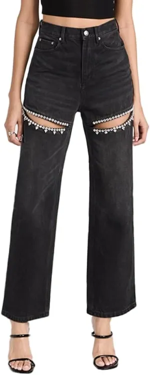 LaurelTree Women's Baggy High Waist Jeans with Rhinestone Studded Cut Outs Ripped Bedazzled Denim Fashion Y2K Wide Leg Pants
