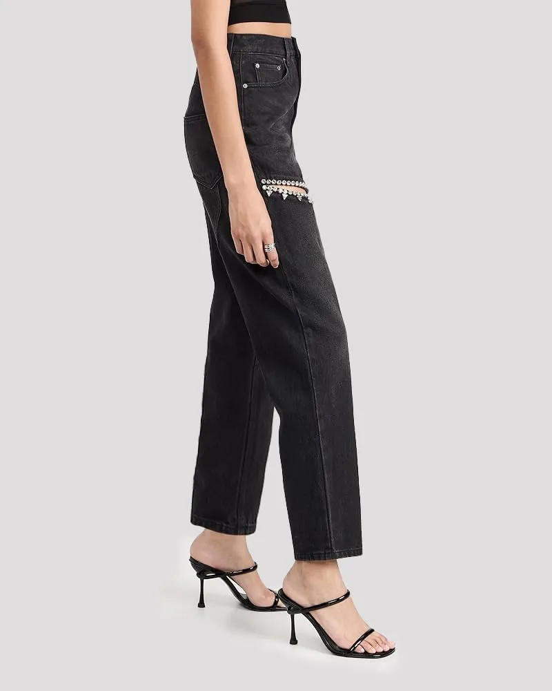 LaurelTree Women's Baggy High Waist Jeans with Rhinestone Studded Cut Outs Ripped Bedazzled Denim Fashion Y2K Wide Leg Pants
