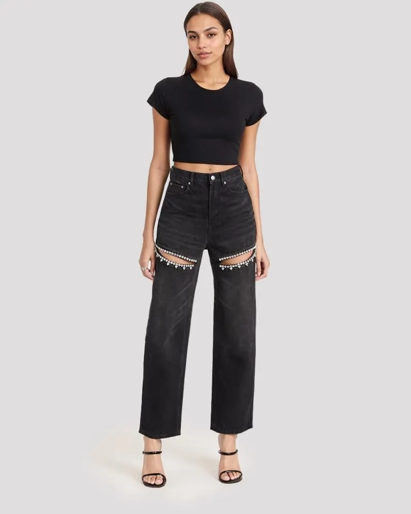 LaurelTree Women's Baggy High Waist Jeans with Rhinestone Studded Cut Outs Ripped Bedazzled Denim Fashion Y2K Wide Leg Pants