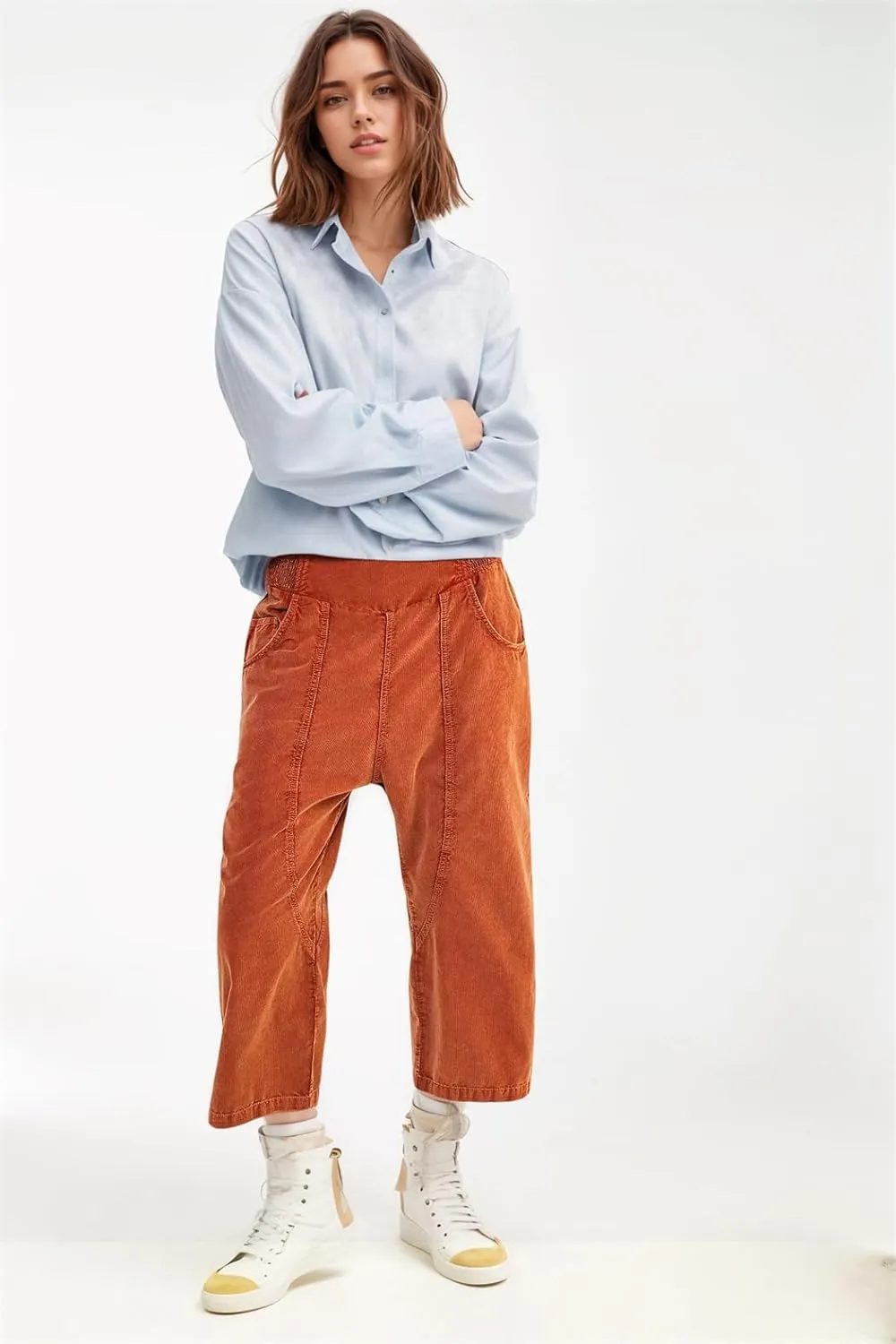 LifeShe Cropped Corduroy Pants Women Casual Elastic Waist Pant Loose Comfy Harem Trouser with Pockets
