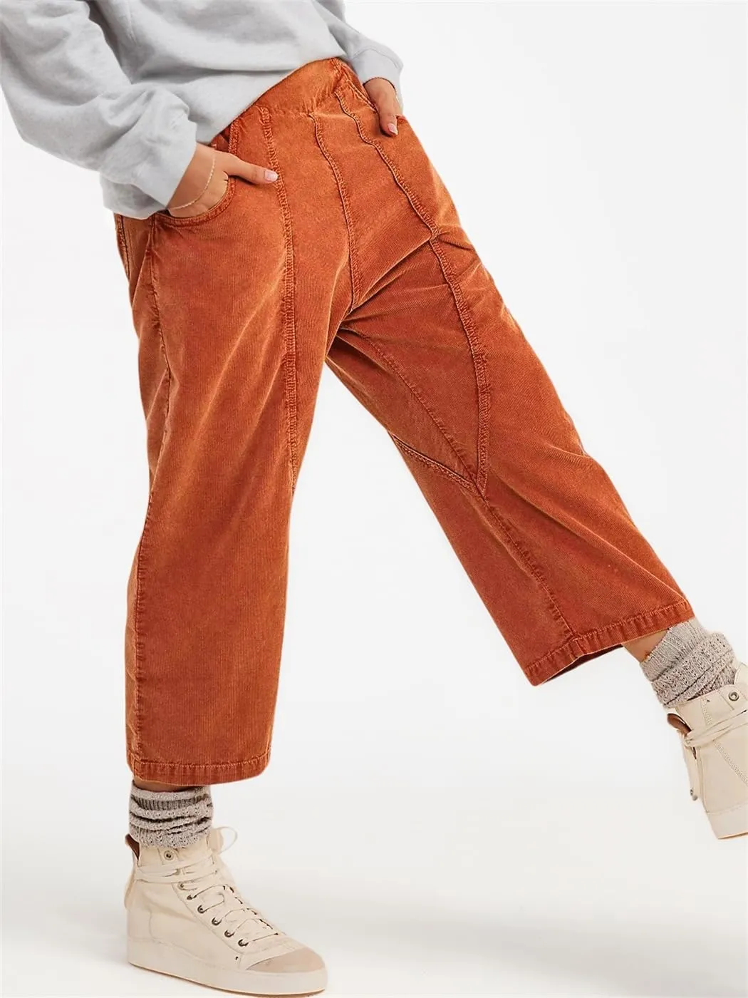 LifeShe Cropped Corduroy Pants Women Casual Elastic Waist Pant Loose Comfy Harem Trouser with Pockets