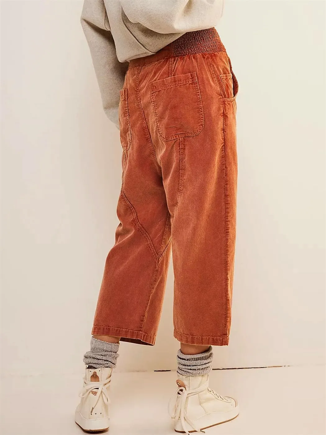 LifeShe Cropped Corduroy Pants Women Casual Elastic Waist Pant Loose Comfy Harem Trouser with Pockets