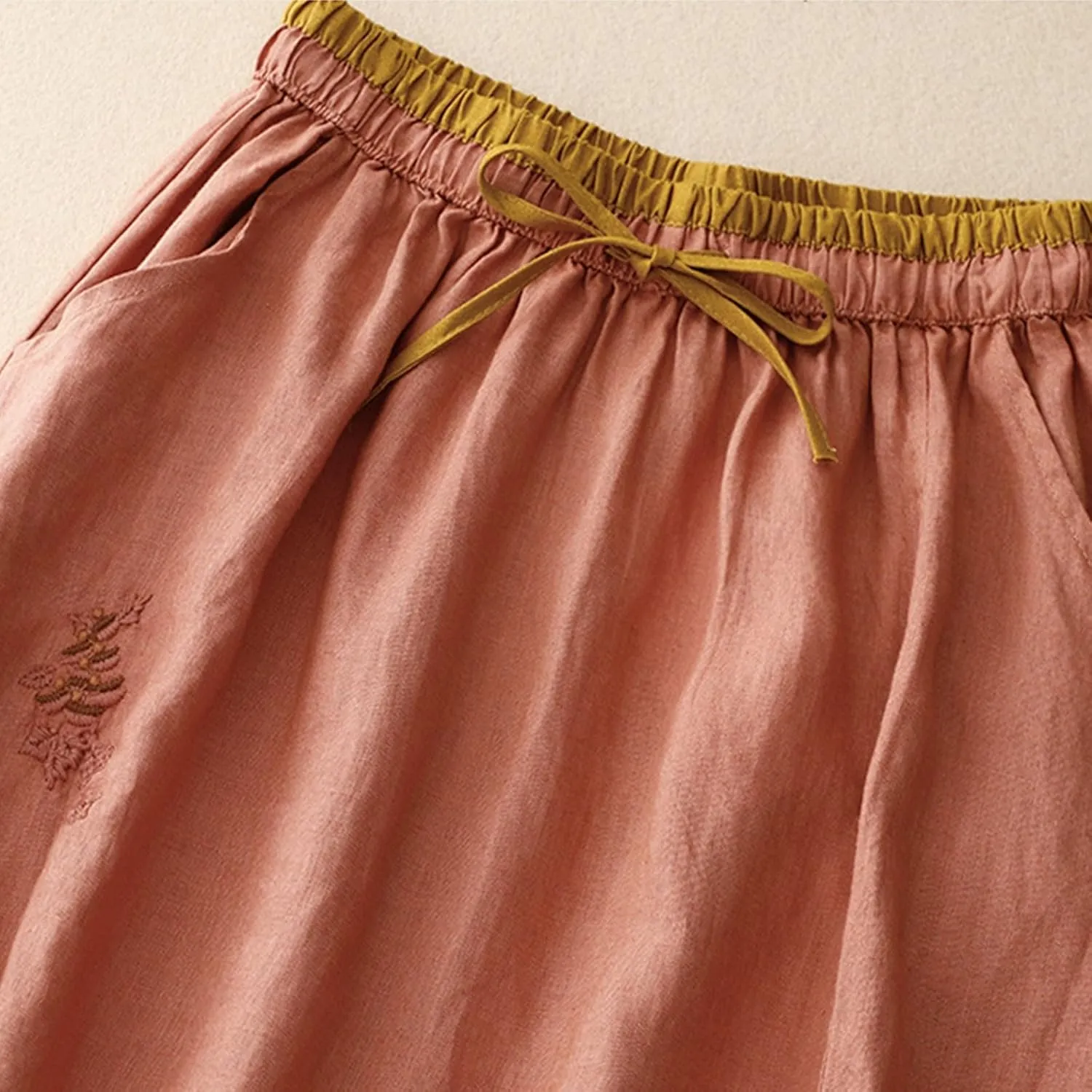 Linen A Line Skirt for Women Casual Elastic Waist Cotton Maxi Skirts Embroidered Boho Summer Skirt