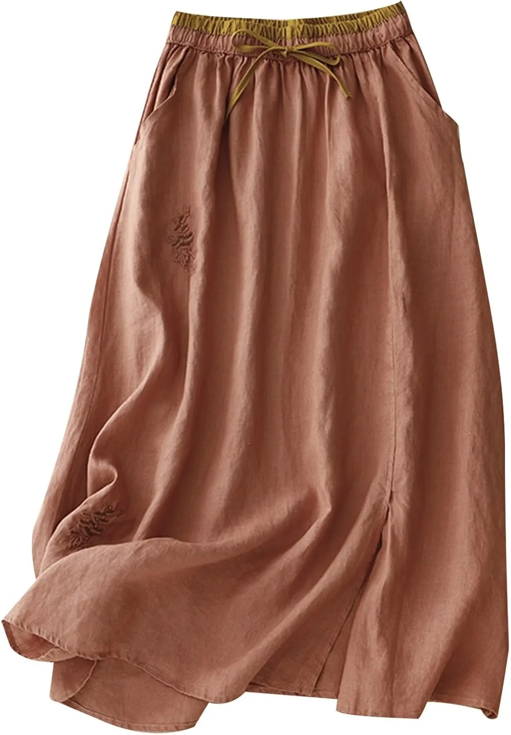 Linen A Line Skirt for Women Casual Elastic Waist Cotton Maxi Skirts Embroidered Boho Summer Skirt