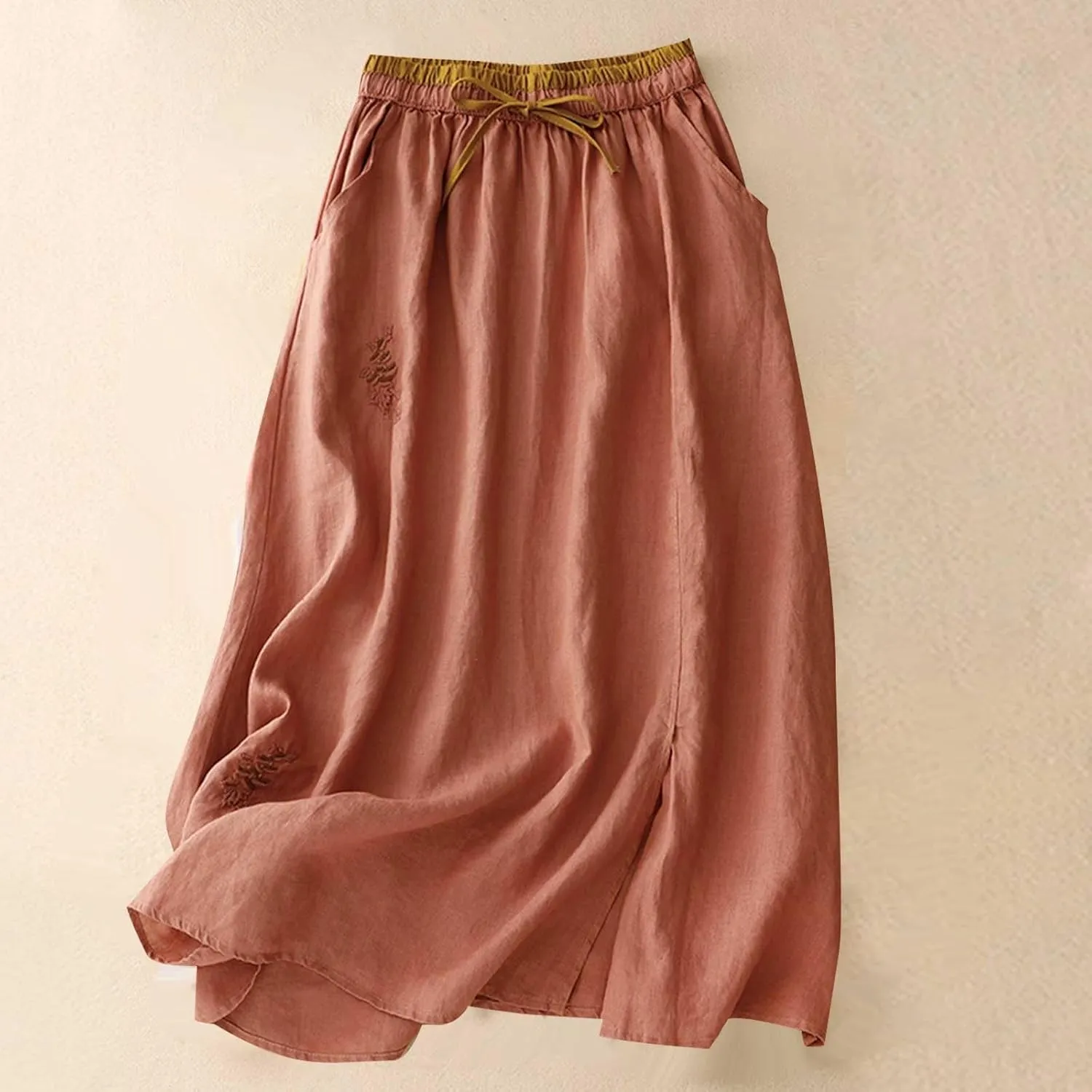 Linen A Line Skirt for Women Casual Elastic Waist Cotton Maxi Skirts Embroidered Boho Summer Skirt