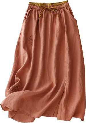 Linen A Line Skirt for Women Casual Elastic Waist Cotton Maxi Skirts Embroidered Boho Summer Skirt