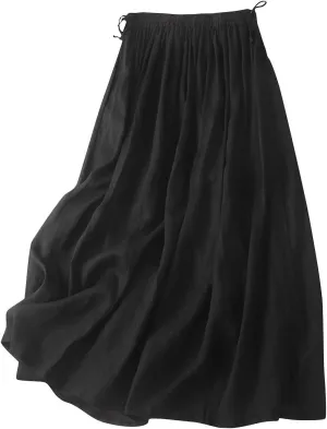 Linen Maxi Skirts for Women Bodycon Flowy Boho Pleated High Cut Drawstring Basic Skirt Women 2025 Trendy