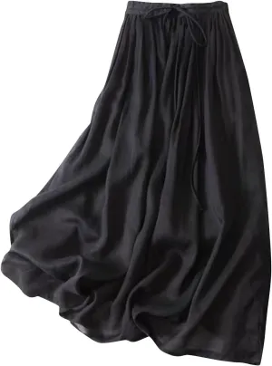 Linen Maxi Skirts for Women Bodycon Flowy Boho Pleated High Cut Drawstring Basic Skirt Women 2025 Trendy