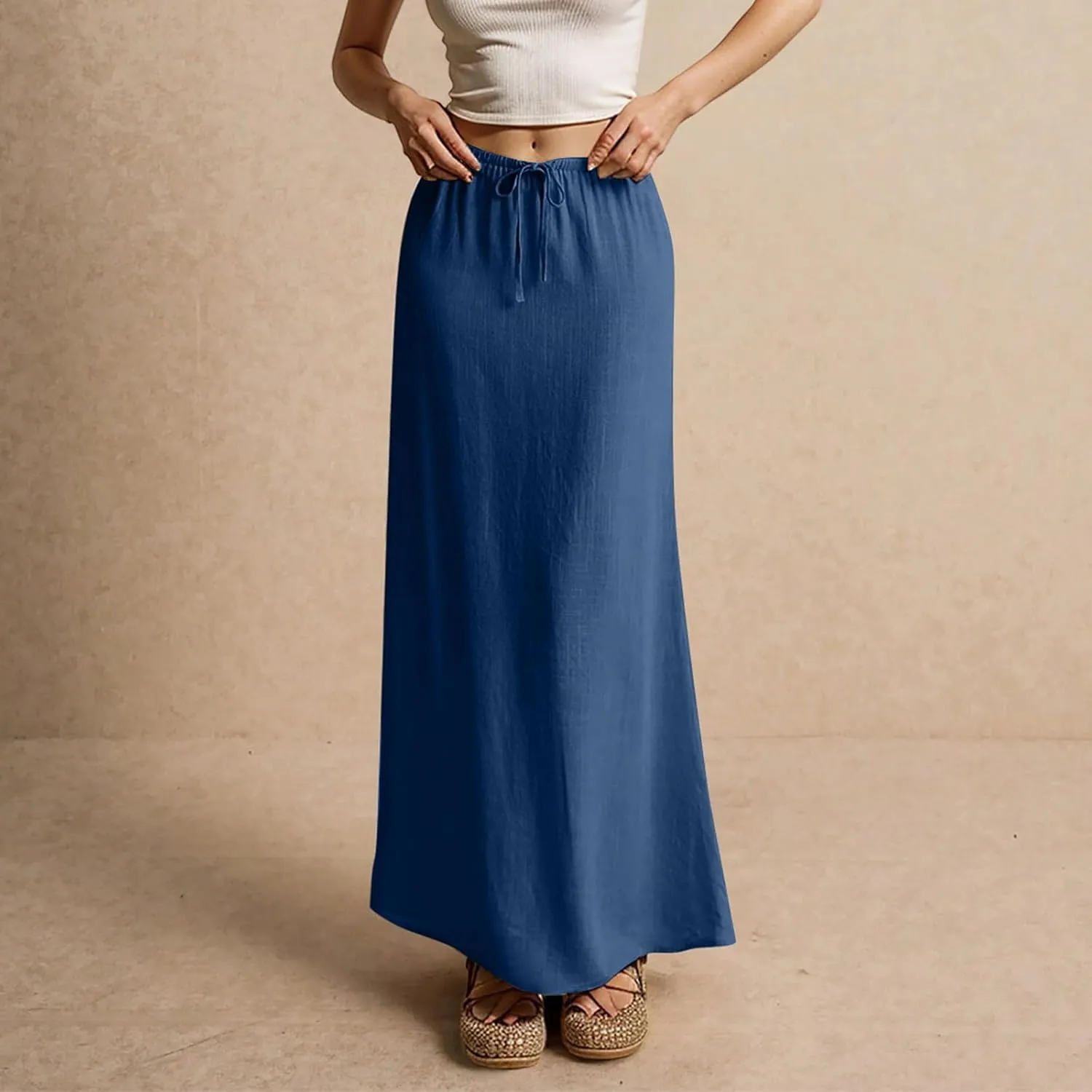 Linen Maxi Skirts for Women Trendy Summer Comfy Drawstring Waist A Line Skirts Cute Vacation Boho Long Flowy Skirts
