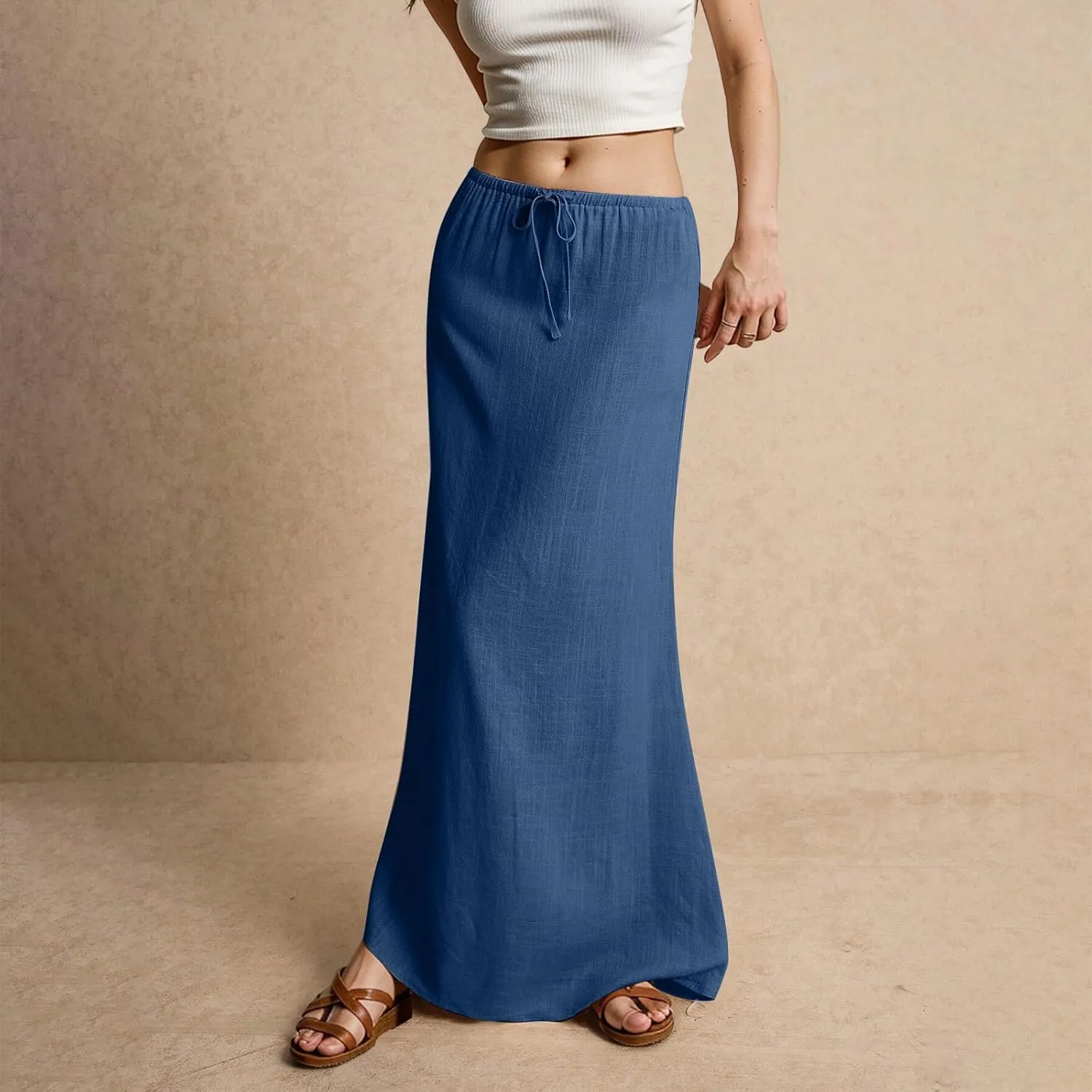 Linen Maxi Skirts for Women Trendy Summer Comfy Drawstring Waist A Line Skirts Cute Vacation Boho Long Flowy Skirts