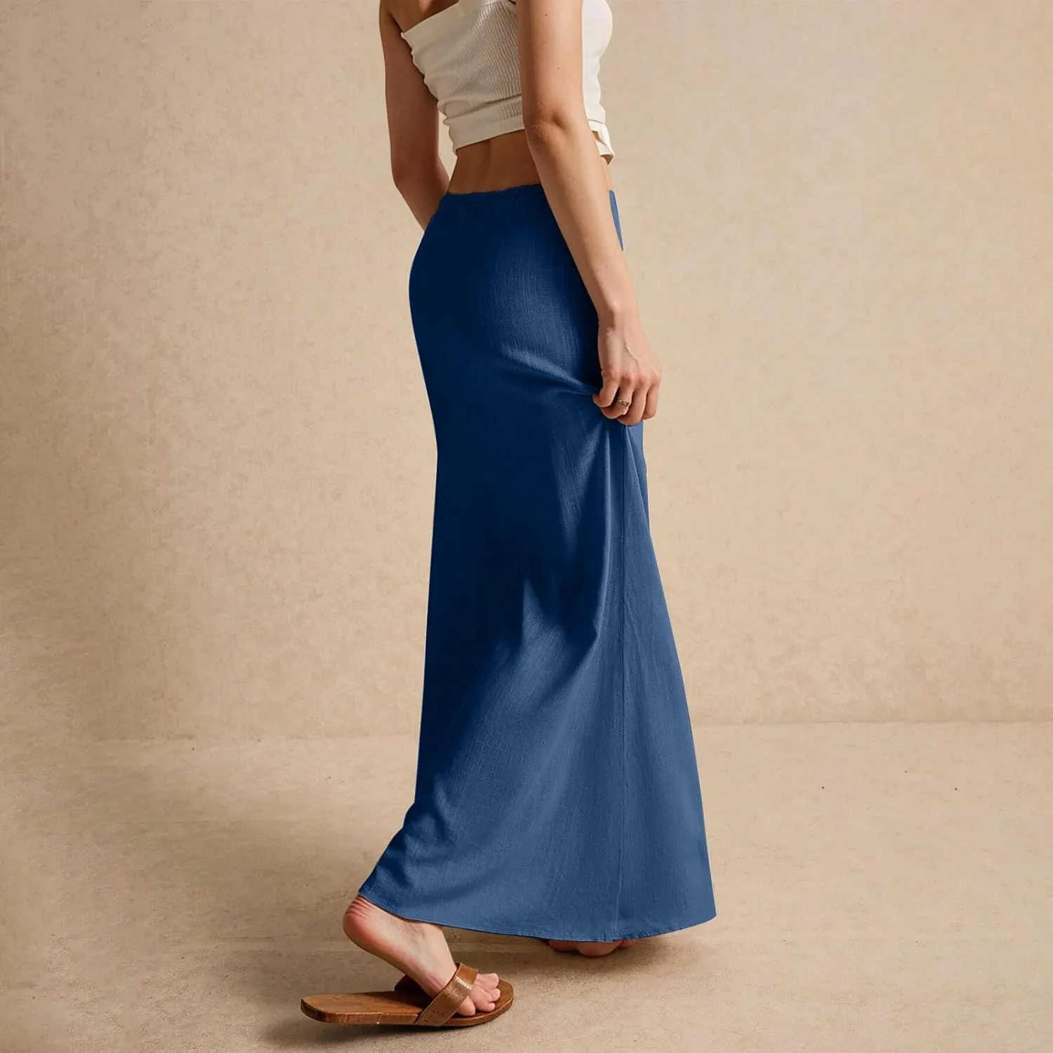 Linen Maxi Skirts for Women Trendy Summer Comfy Drawstring Waist A Line Skirts Cute Vacation Boho Long Flowy Skirts