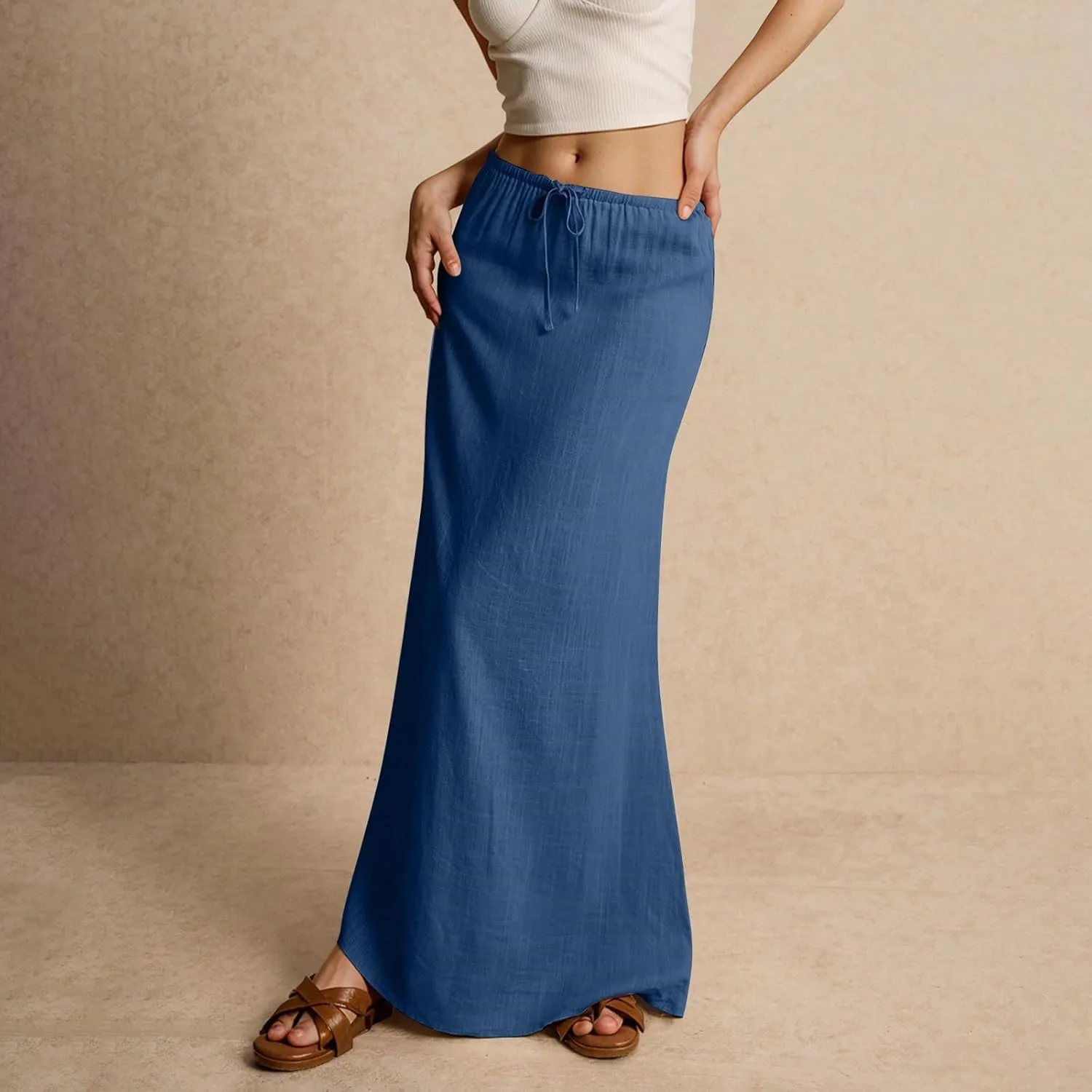 Linen Maxi Skirts for Women Trendy Summer Comfy Drawstring Waist A Line Skirts Cute Vacation Boho Long Flowy Skirts