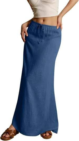 Linen Maxi Skirts for Women Trendy Summer Comfy Drawstring Waist A Line Skirts Cute Vacation Boho Long Flowy Skirts