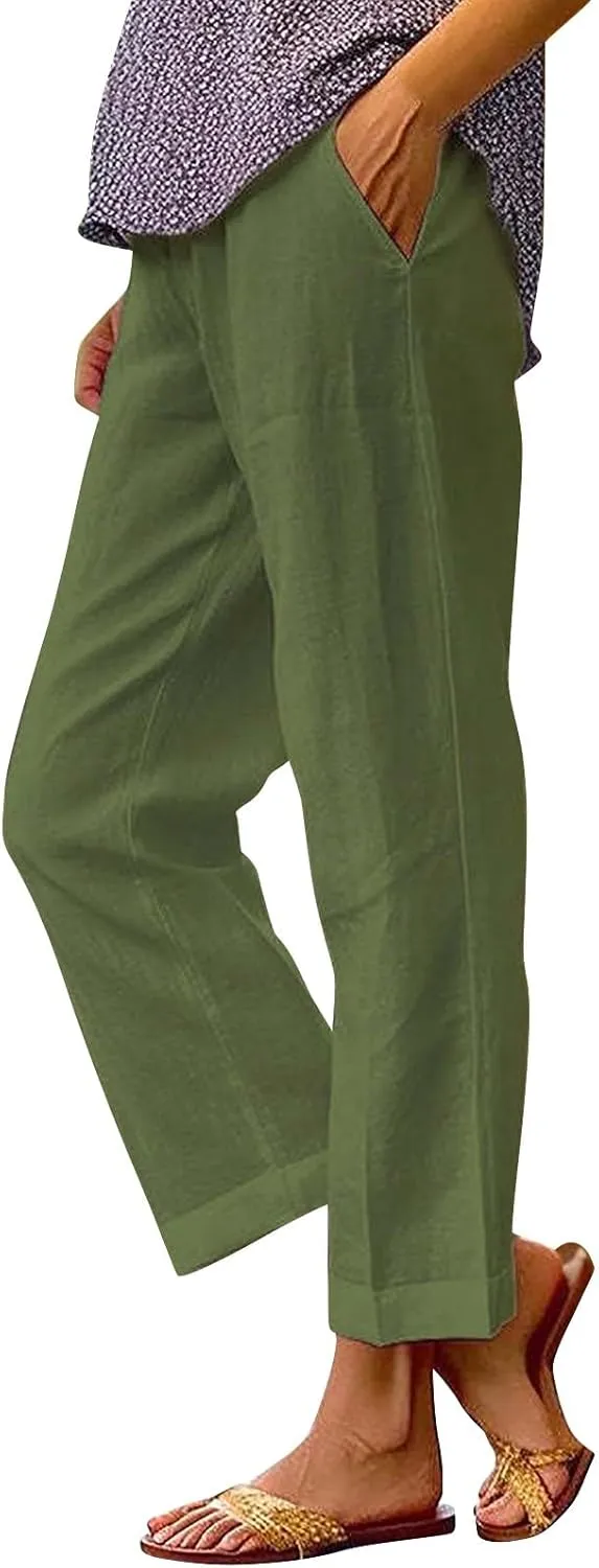 Linen Pants Straight Solid Elastic Pants Long Drawstring Linen Women Waist Cotton 2025 Beach Travel Vacation Outfits