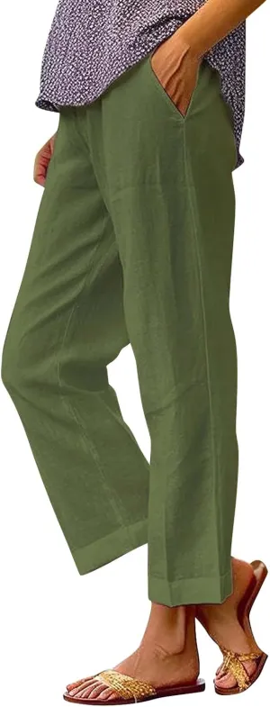 Linen Pants Straight Solid Elastic Pants Long Drawstring Linen Women Waist Cotton 2025 Beach Travel Vacation Outfits