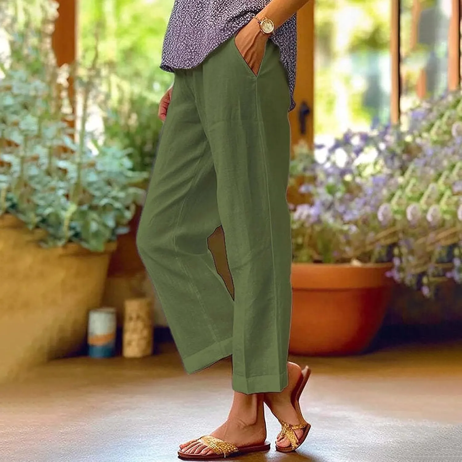 Linen Pants Straight Solid Elastic Pants Long Drawstring Linen Women Waist Cotton 2025 Beach Travel Vacation Outfits