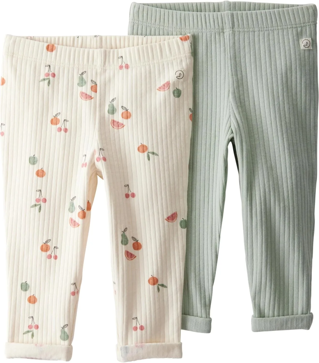 little planet by carter's Baby 2-Pack Textured Pants Made with Organic Cotton, Mint, Fruit Print, 12M