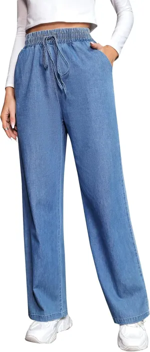Love Welove Fashion Wide Leg Jeans for Women Elastic High Waisted Pull On Drawstring Baggy Denim Pants Plus Size 3XL