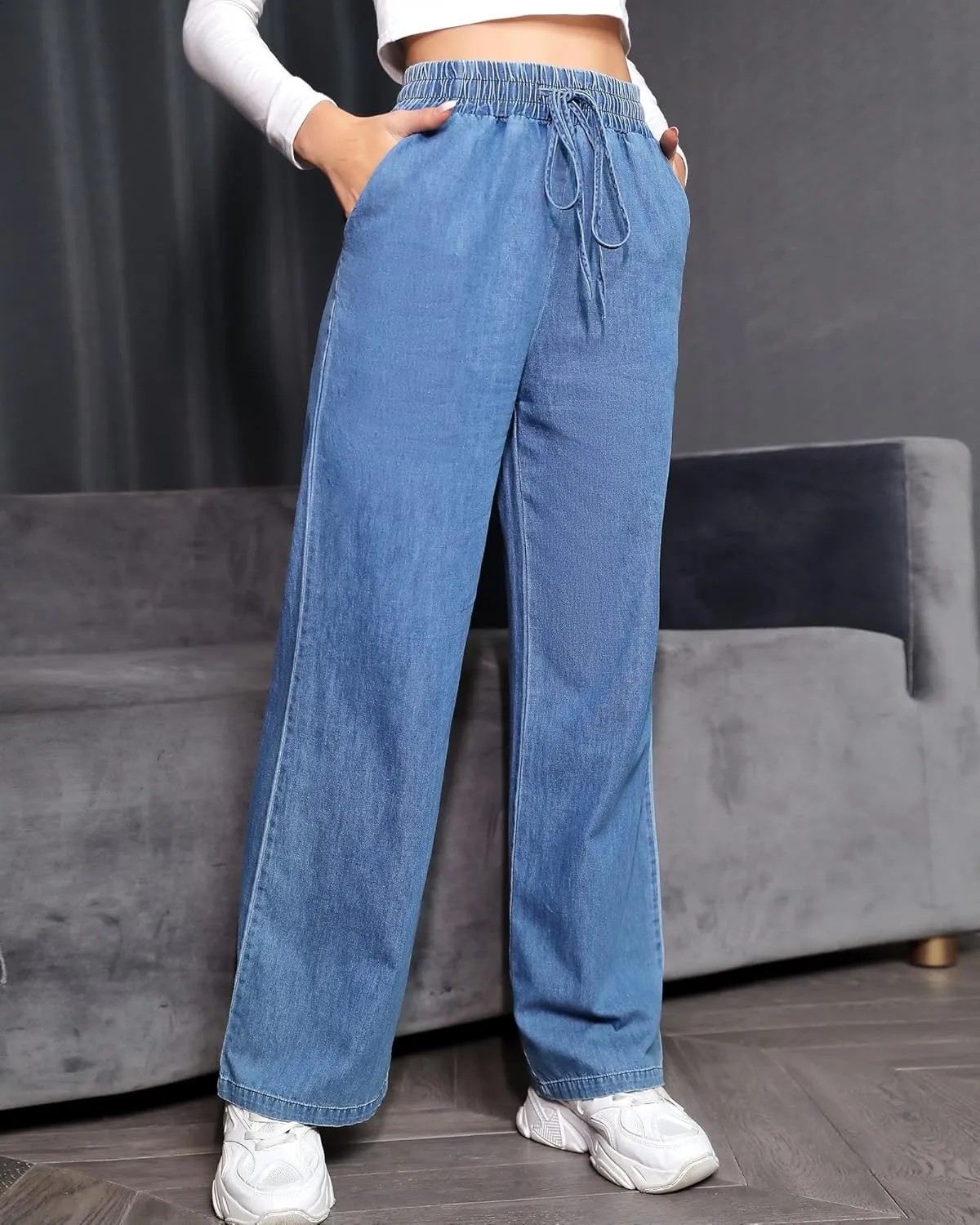 Love Welove Fashion Wide Leg Jeans for Women Elastic High Waisted Pull On Drawstring Baggy Denim Pants Plus Size 3XL