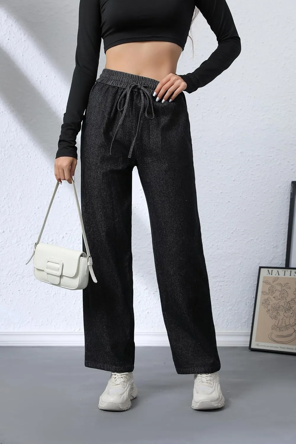 Love Welove Fashion Wide Leg Jeans for Women Elastic High Waisted Pull On Drawstring Baggy Denim Pants Plus Size 3XL