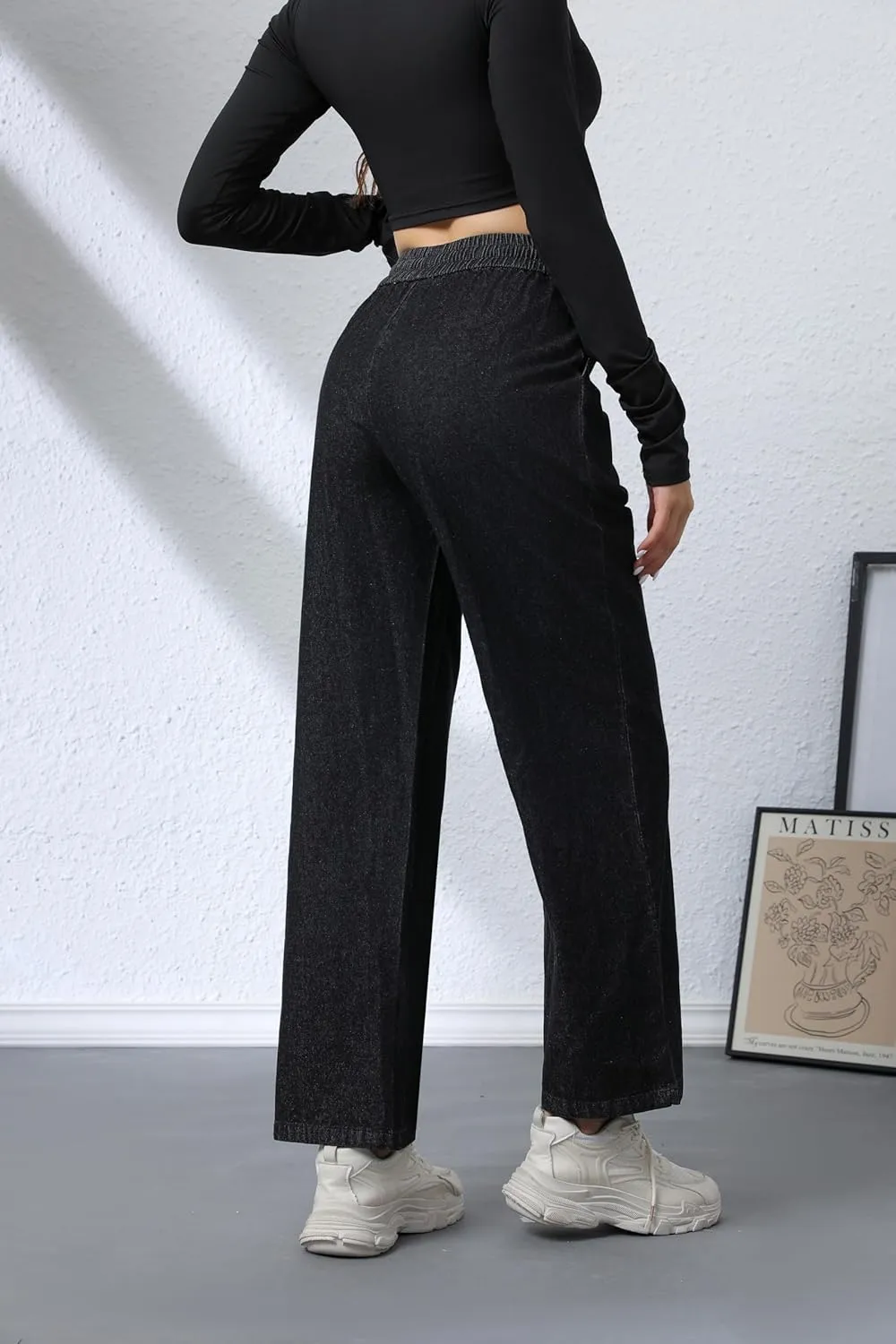 Love Welove Fashion Wide Leg Jeans for Women Elastic High Waisted Pull On Drawstring Baggy Denim Pants Plus Size 3XL