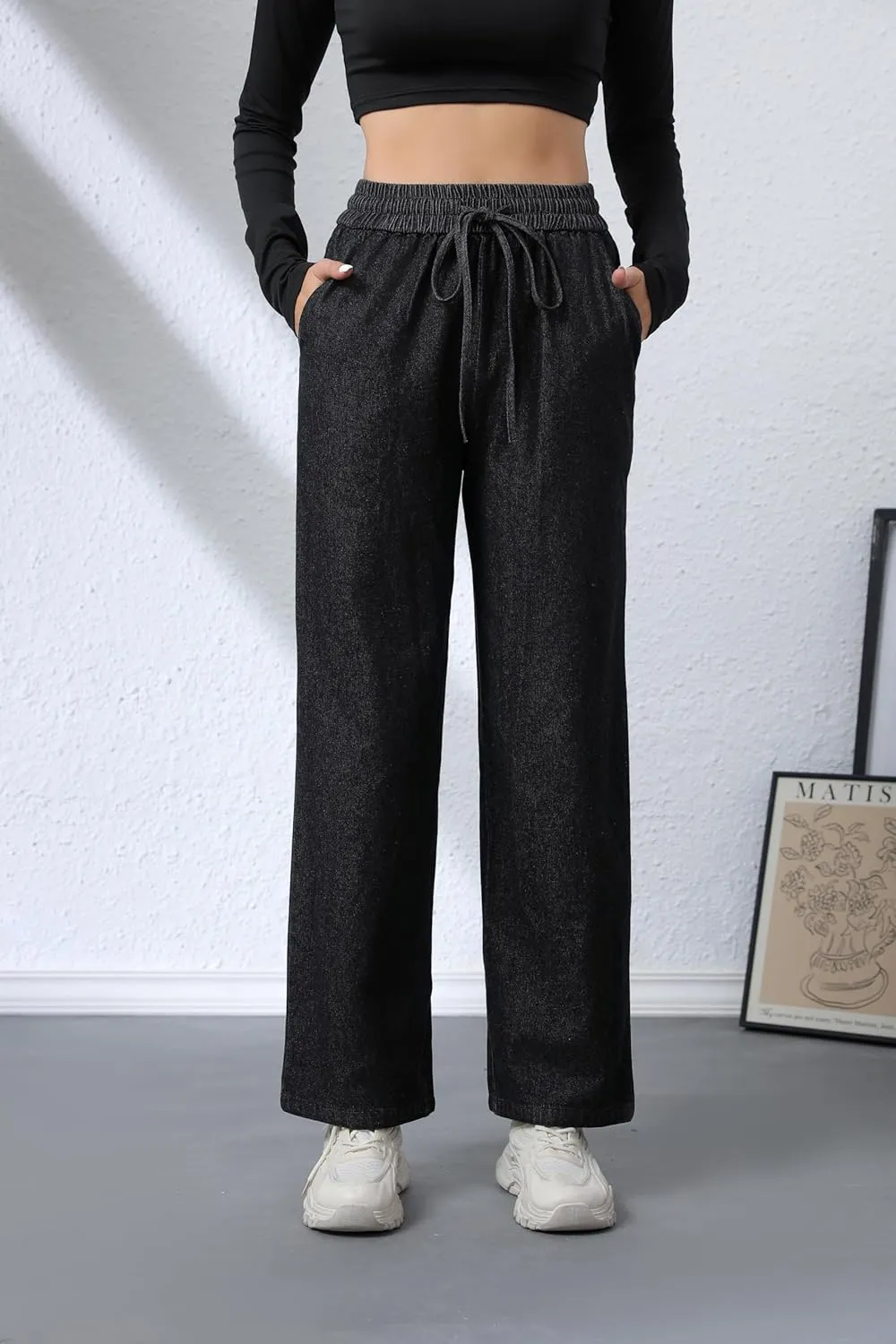 Love Welove Fashion Wide Leg Jeans for Women Elastic High Waisted Pull On Drawstring Baggy Denim Pants Plus Size 3XL