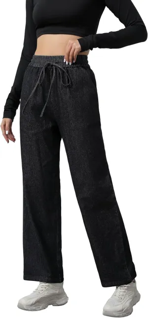 Love Welove Fashion Wide Leg Jeans for Women Elastic High Waisted Pull On Drawstring Baggy Denim Pants Plus Size 3XL