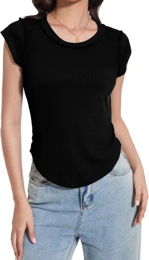LOZ Womens Tank Tops Stretch Slim Ribbed Knit Crew Neck T Shirt Cap Sleeve Exposed Seams Tees Going Out Shirts