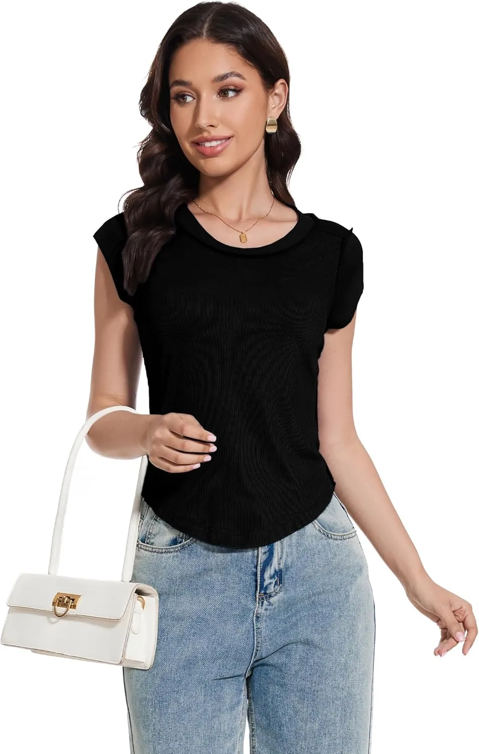 LOZ Womens Tank Tops Stretch Slim Ribbed Knit Crew Neck T Shirt Cap Sleeve Exposed Seams Tees Going Out Shirts