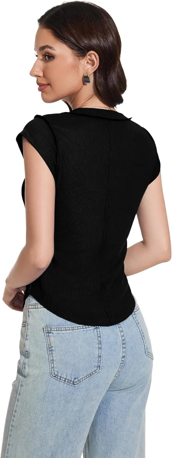 LOZ Womens Tank Tops Stretch Slim Ribbed Knit Crew Neck T Shirt Cap Sleeve Exposed Seams Tees Going Out Shirts