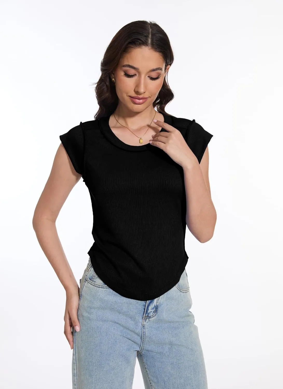 LOZ Womens Tank Tops Stretch Slim Ribbed Knit Crew Neck T Shirt Cap Sleeve Exposed Seams Tees Going Out Shirts