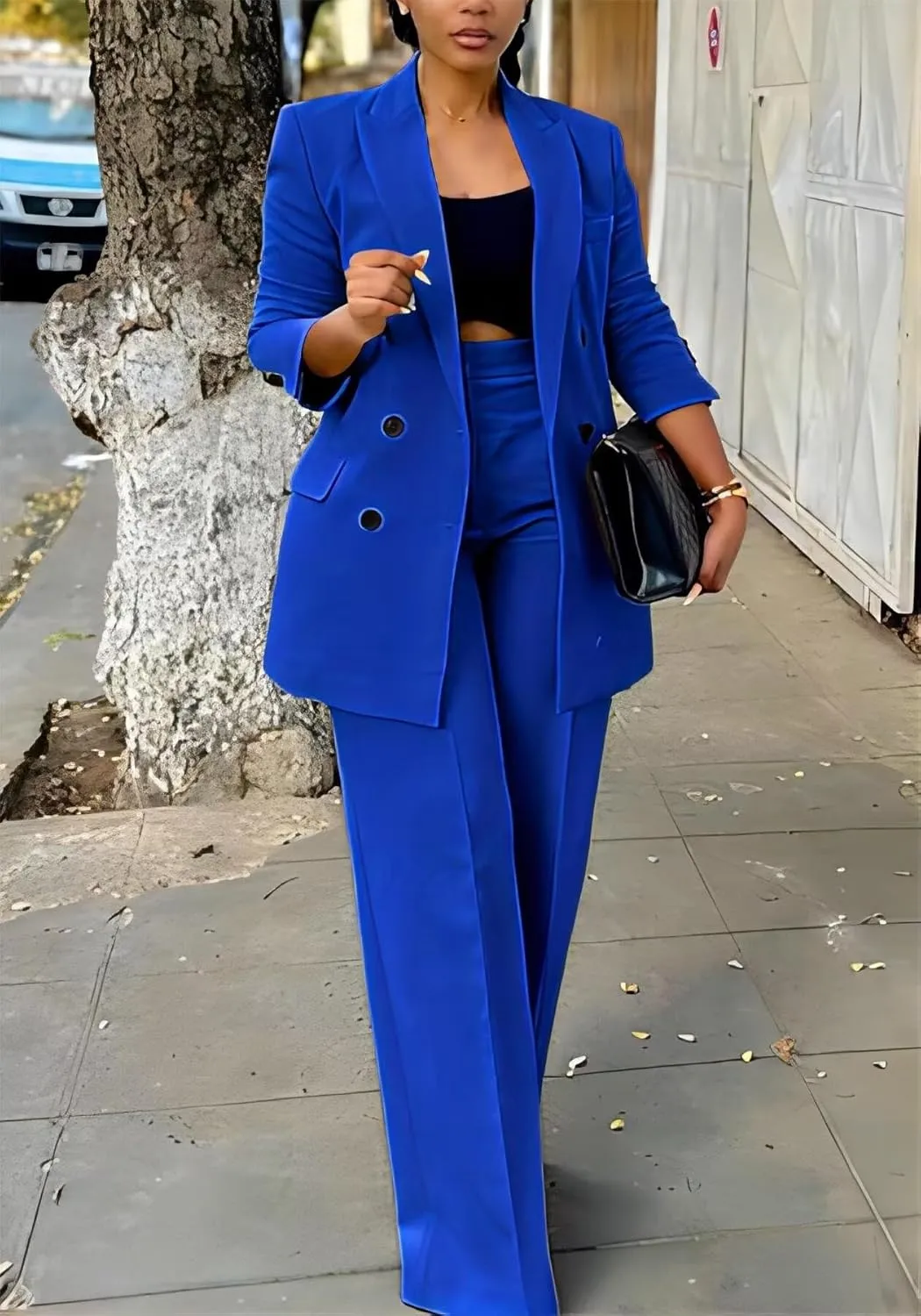 LROSEY 2 Piece Outfits for Women Double Breasted Blazer Jackets High Waisted Wide Leg Pants Suits Set Casual Business