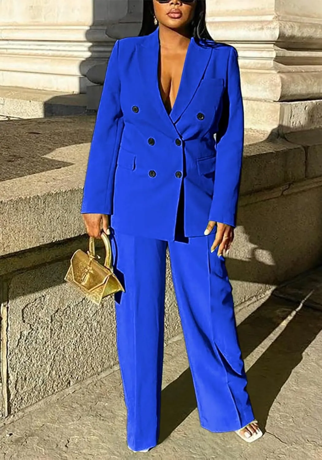 LROSEY 2 Piece Outfits for Women Double Breasted Blazer Jackets High Waisted Wide Leg Pants Suits Set Casual Business