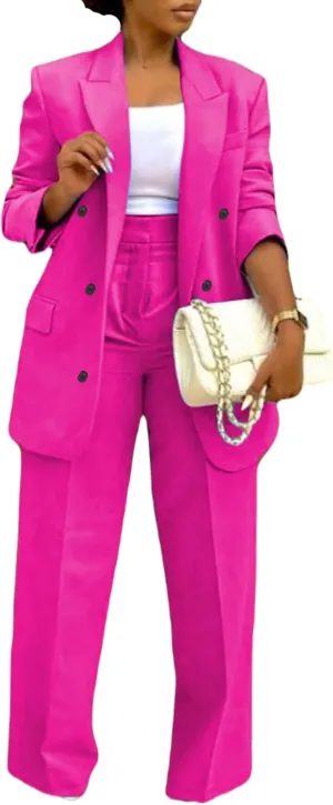 LROSEY 2 Piece Outfits for Women Double Breasted Blazer Jackets High Waisted Wide Leg Pants Suits Set Casual Business