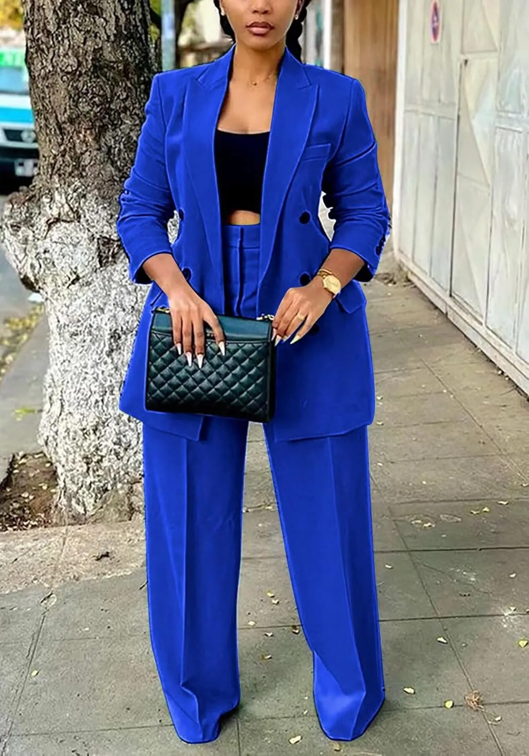 LROSEY 2 Piece Outfits for Women Double Breasted Blazer Jackets High Waisted Wide Leg Pants Suits Set Casual Business