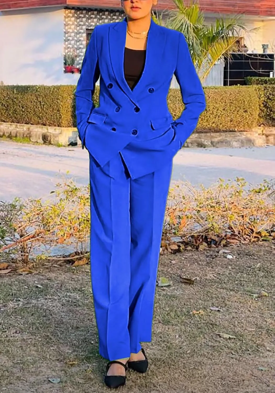 LROSEY 2 Piece Outfits for Women Double Breasted Blazer Jackets High Waisted Wide Leg Pants Suits Set Casual Business