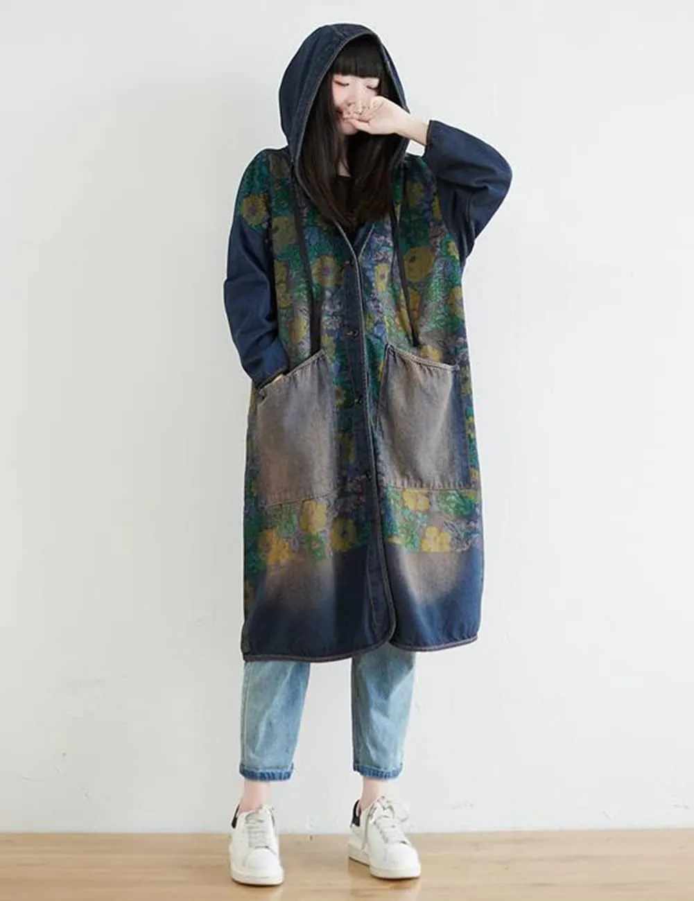 LUZU JUNU Women Fashion Loose Distressed Denim Trench Jacket Coat Casual Bohemian Jean Hooded Outwear with Pockets