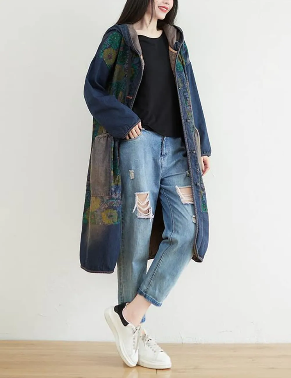 LUZU JUNU Women Fashion Loose Distressed Denim Trench Jacket Coat Casual Bohemian Jean Hooded Outwear with Pockets