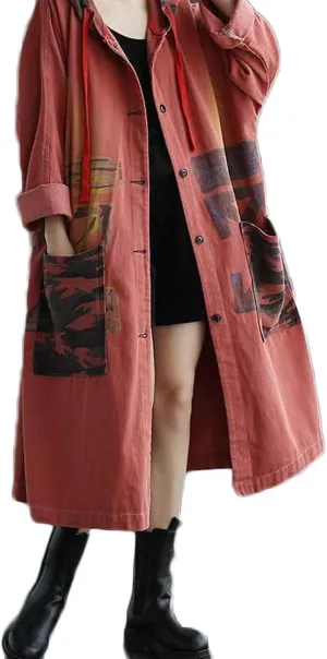 LUZU JUNU Women Fashion Loose Distressed Denim Trench Jacket Coat Casual Bohemian Jean Hooded Outwear with Pockets