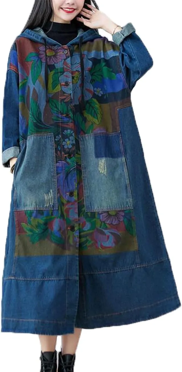 LUZU JUNU Women Fashion Loose Distressed Denim Trench Jacket Coat Casual Bohemian Jean Hooded Outwear with Pockets