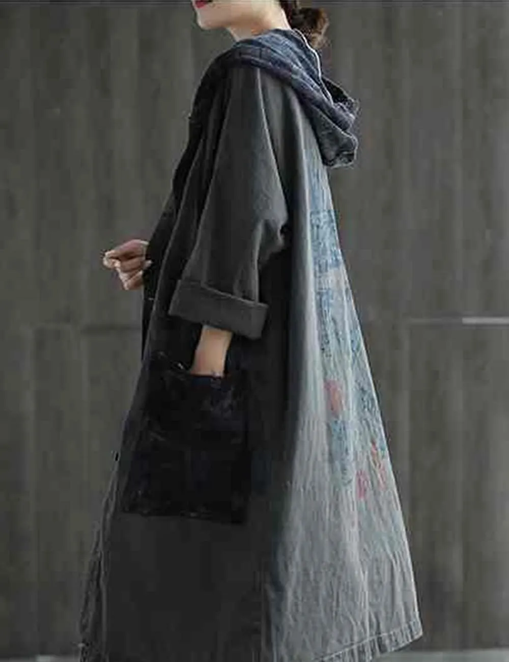 LUZU JUNU Women Fashion Loose Distressed Denim Trench Jacket Coat Casual Bohemian Jean Hooded Outwear with Pockets