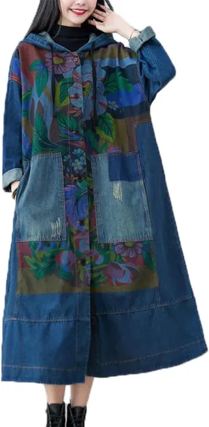 LUZU JUNU Women Fashion Loose Distressed Denim Trench Jacket Coat Casual Bohemian Jean Hooded Outwear with Pockets