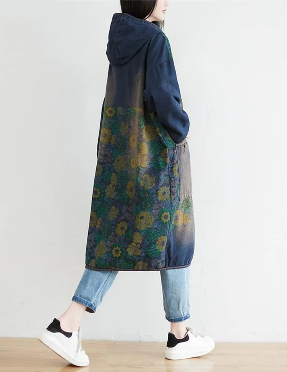 LUZU JUNU Women Fashion Loose Distressed Denim Trench Jacket Coat Casual Bohemian Jean Hooded Outwear with Pockets