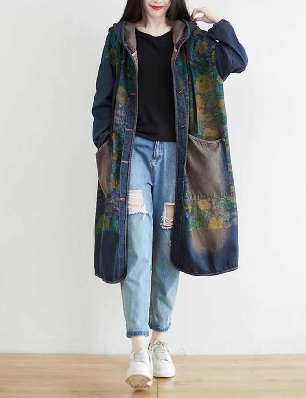 LUZU JUNU Women Fashion Loose Distressed Denim Trench Jacket Coat Casual Bohemian Jean Hooded Outwear with Pockets