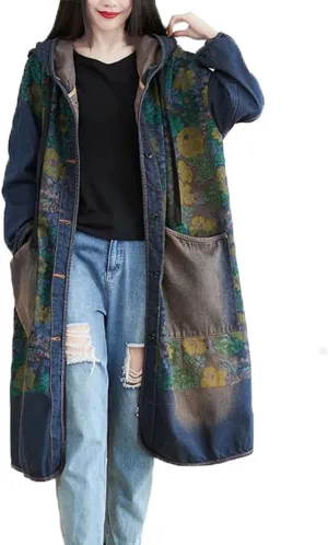 LUZU JUNU Women Fashion Loose Distressed Denim Trench Jacket Coat Casual Bohemian Jean Hooded Outwear with Pockets