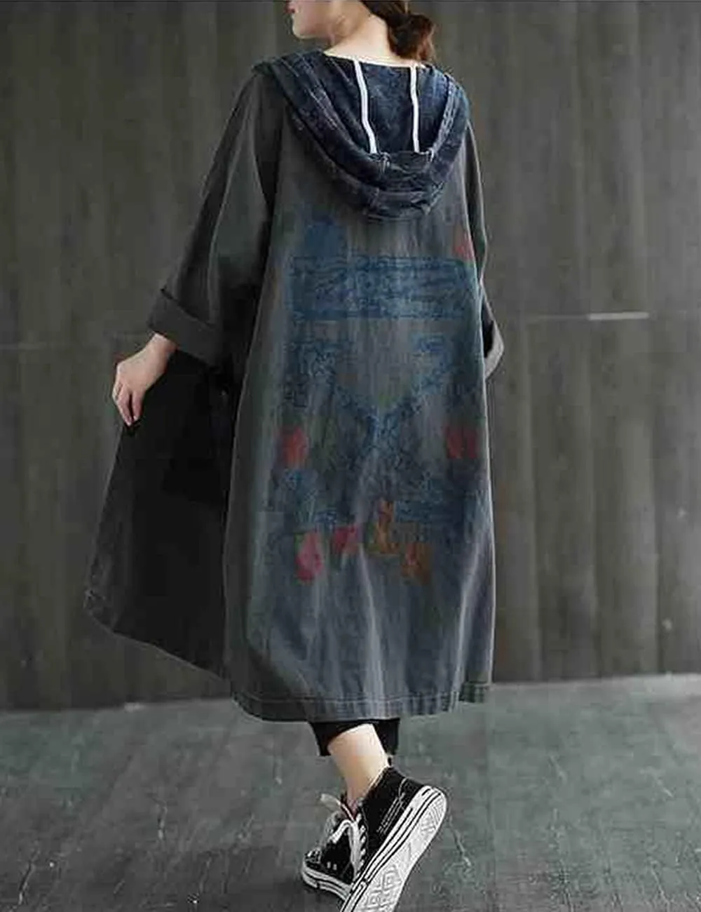 LUZU JUNU Women Fashion Loose Distressed Denim Trench Jacket Coat Casual Bohemian Jean Hooded Outwear with Pockets