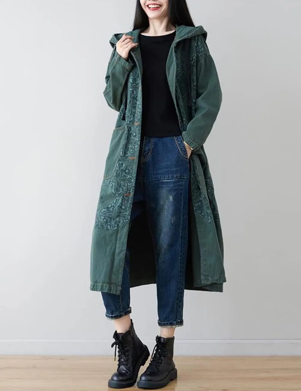 LUZU JUNU Women Fashion Loose Distressed Denim Trench Jacket Coat Casual Bohemian Jean Hooded Outwear with Pockets