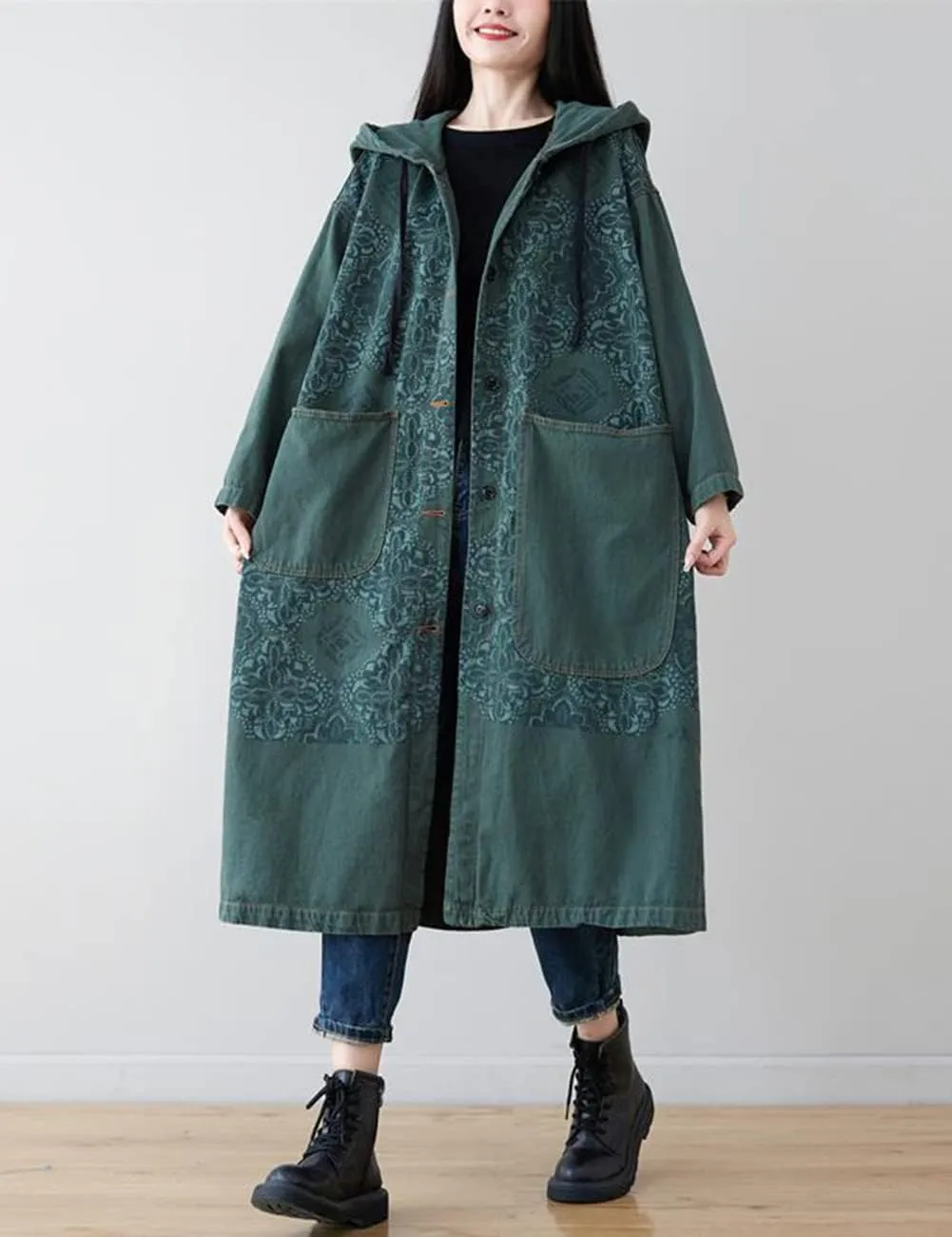 LUZU JUNU Women Fashion Loose Distressed Denim Trench Jacket Coat Casual Bohemian Jean Hooded Outwear with Pockets