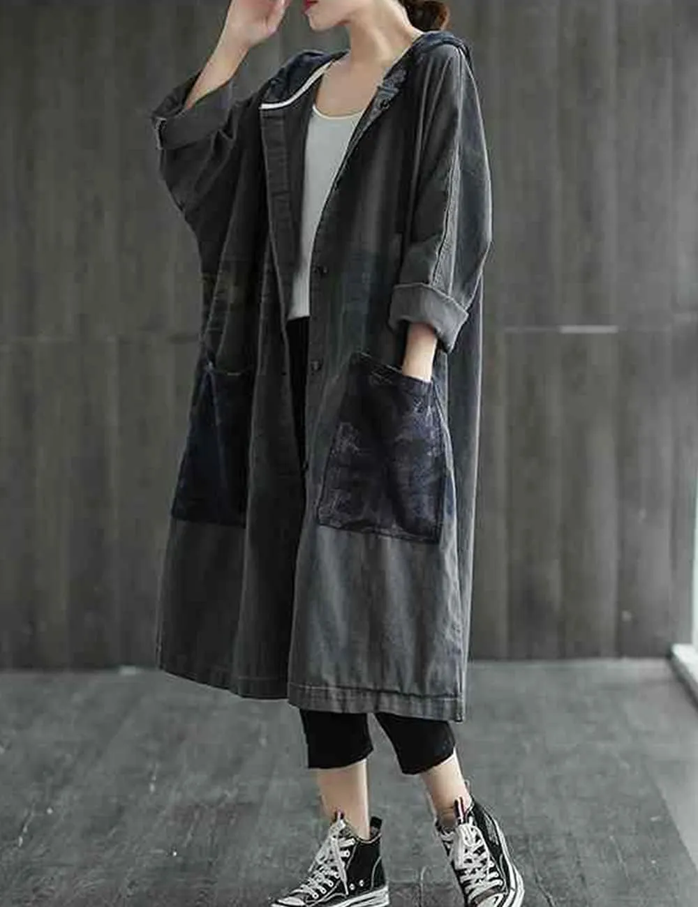LUZU JUNU Women Fashion Loose Distressed Denim Trench Jacket Coat Casual Bohemian Jean Hooded Outwear with Pockets